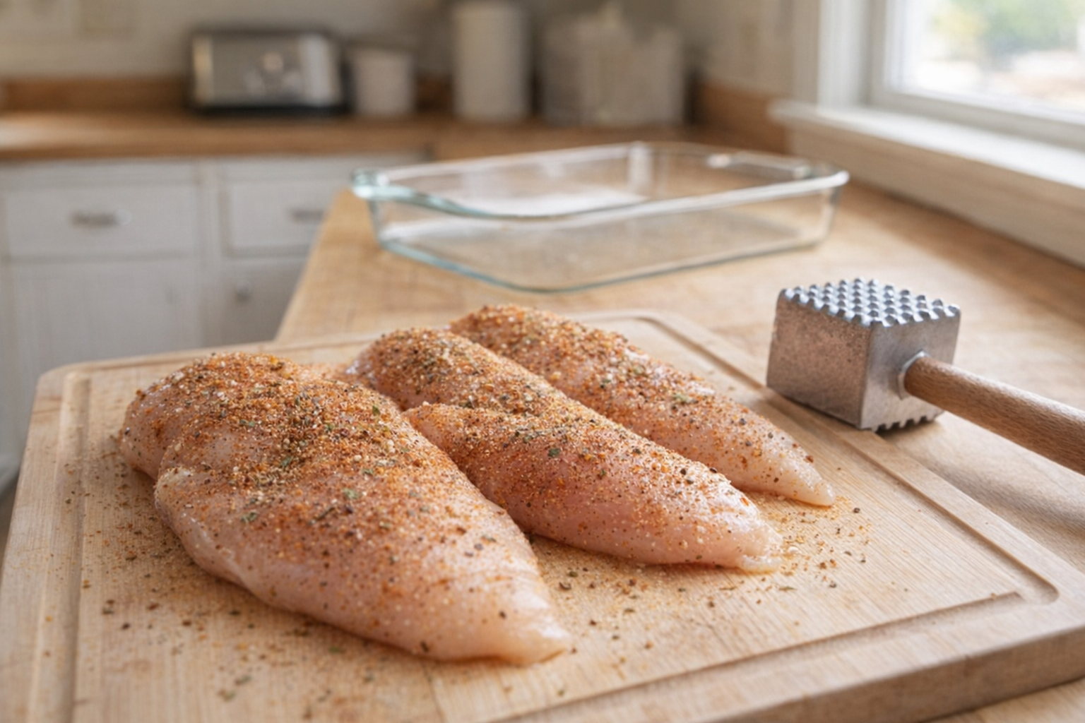 Raw chicken breasts on a cutting board, sprinkled with spices, a meat mallet and a glass baking dish visible in the background, bright kitchen lighting